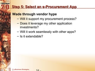 Step 5: Select an e-Procurement App
Wade through vendor hype
      – Will it support my procurement process?
      – Does it leverage my other application
        investments?
      – Will it work seamlessly with other apps?
      – Is it extendable?




© e-Business Strategies,
 