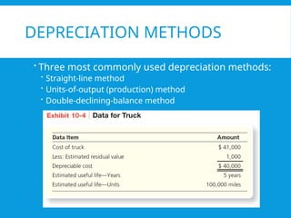 DEPRECIATION METHODS
 Three most commonly used depreciation methods:
 Straight-line method
 Units-of-output (production) method
 Double-declining-balance method
 