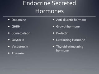 Endocrine Secreted
            Hormones
 Dopamine         Anti-diuretic hormone

 GHRH             Growth hormone

 Somatostatin     Prolactin

 Oxytocin         Luteinizing Hormone

 Vasopressin      Thyroid-stimulating
                    hormone
 Thyroxin
 
