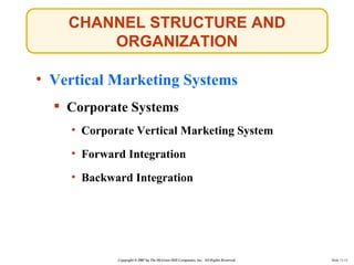 CHANNEL STRUCTURE AND
        ORGANIZATION

• Vertical Marketing Systems
   Corporate Systems
    • Corporate Vertical Ma...