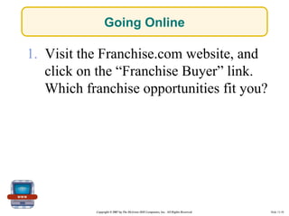 Going Online

1. Visit the Franchise.com website, and
   click on the “Franchise Buyer” link.
   Which franchise opportuni...