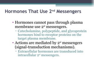 Hormones That Use 2nd
Messengers
• Hormones cannot pass through plasma
membrane use 2nd
messengers.
▫ Catecholamine, polypeptide, and glycoprotein
hormones bind to receptor proteins on the
target plasma membrane.
• Actions are mediated by 2nd
messengers
(signal-transduction mechanisms).
▫ Extracellular hormones are transduced into
intracellular 2nd
messengers.
 