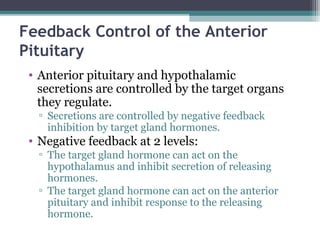 Feedback Control of the Anterior
Pituitary
• Anterior pituitary and hypothalamic
secretions are controlled by the target organs
they regulate.
▫ Secretions are controlled by negative feedback
inhibition by target gland hormones.
• Negative feedback at 2 levels:
▫ The target gland hormone can act on the
hypothalamus and inhibit secretion of releasing
hormones.
▫ The target gland hormone can act on the anterior
pituitary and inhibit response to the releasing
hormone.
 