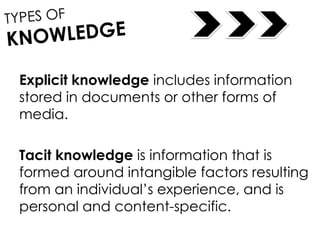 Explicit knowledge includes information
stored in documents or other forms of
media.
Tacit knowledge is information that is
formed around intangible factors resulting
from an individual’s experience, and is
personal and content-specific.
 