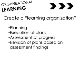 Create a “learning organization”
•Planning
•Execution of plans
•Assessment of progress
•Revision of plans based on
assessment findings
 