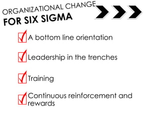 A bottom line orientation
Leadership in the trenches
Training
Continuous reinforcement and
rewards
 