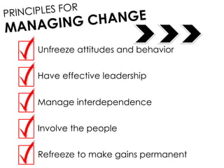 Unfreeze attitudes and behavior
Have effective leadership
Manage interdependence
Involve the people
Refreeze to make gains permanent
 