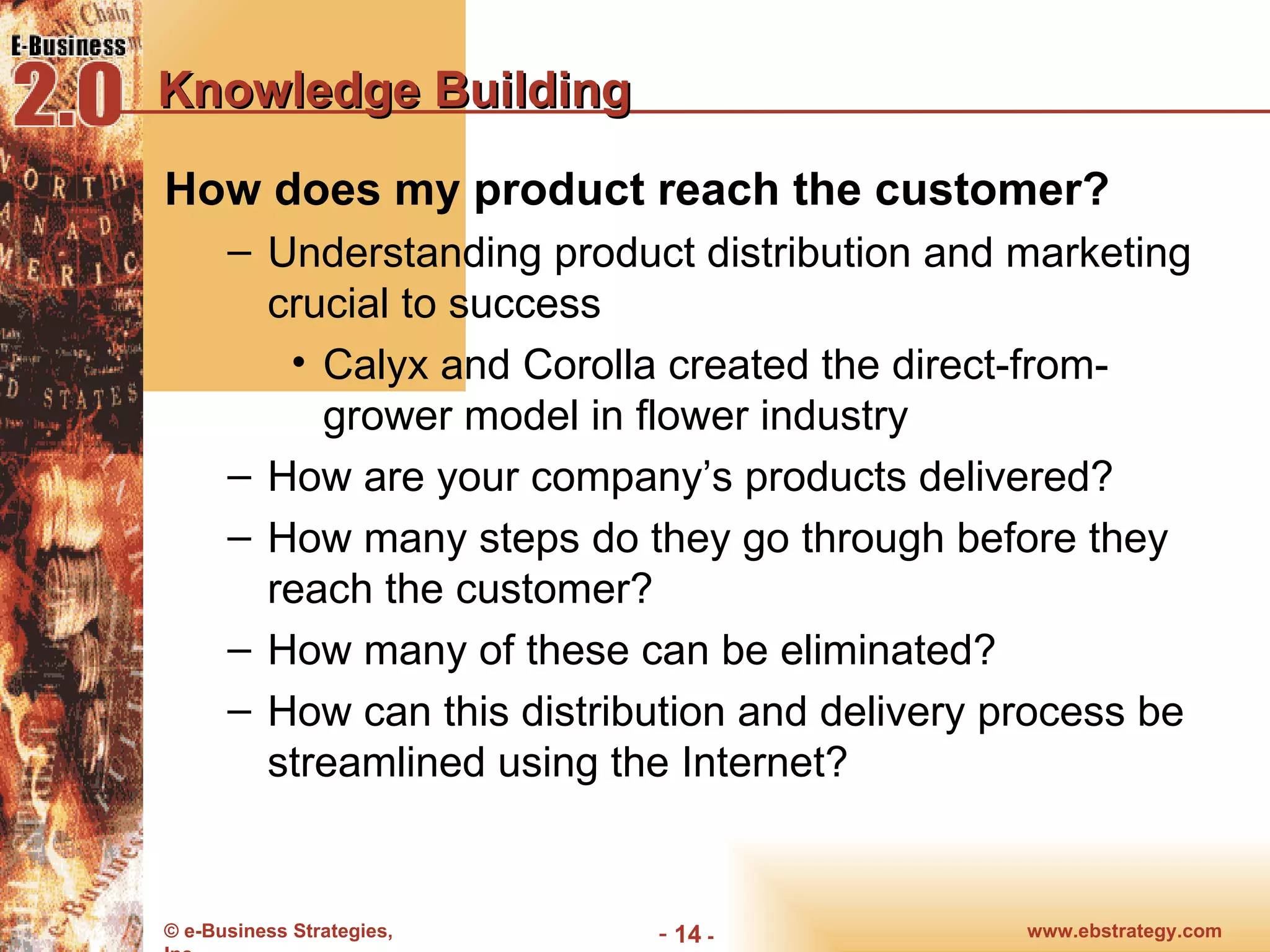 Knowledge Building How does my product reach the customer? Understanding product distribution and marketing crucial to success Calyx and Corolla created the direct-from-grower model in flower industry How are your company’s products delivered? How many steps do they go through before they reach the customer? How many of these can be eliminated? How can this distribution and delivery process be streamlined using the Internet? 