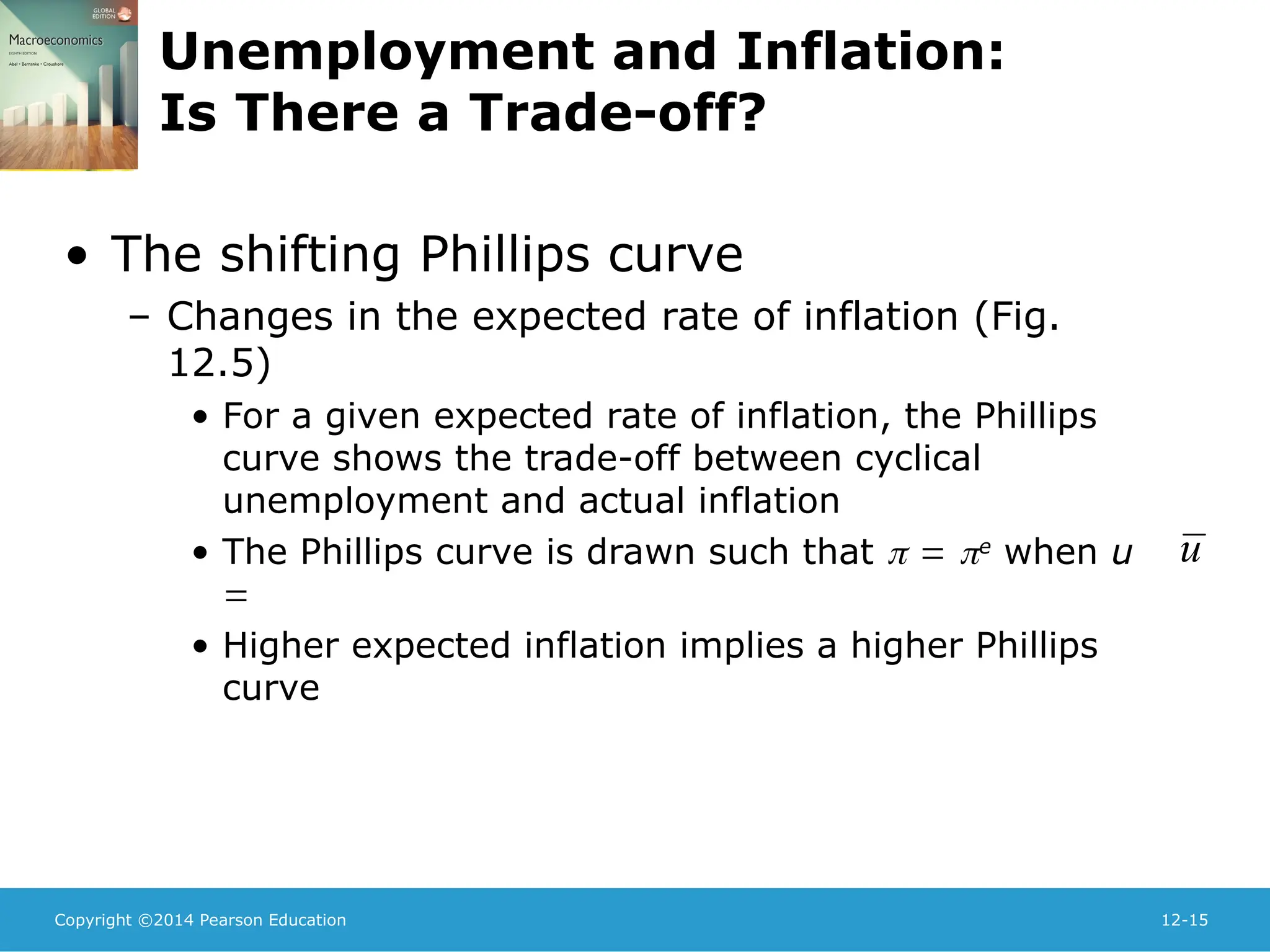 Copyright ©2014 Pearson Education 12-15
Unemployment and Inflation:
Is There a Trade-off?
• The shifting Phillips curve
– Changes in the expected rate of inflation (Fig.
12.5)
• For a given expected rate of inflation, the Phillips
curve shows the trade-off between cyclical
unemployment and actual inflation
• The Phillips curve is drawn such that   e
when u

• Higher expected inflation implies a higher Phillips
curve
u
 