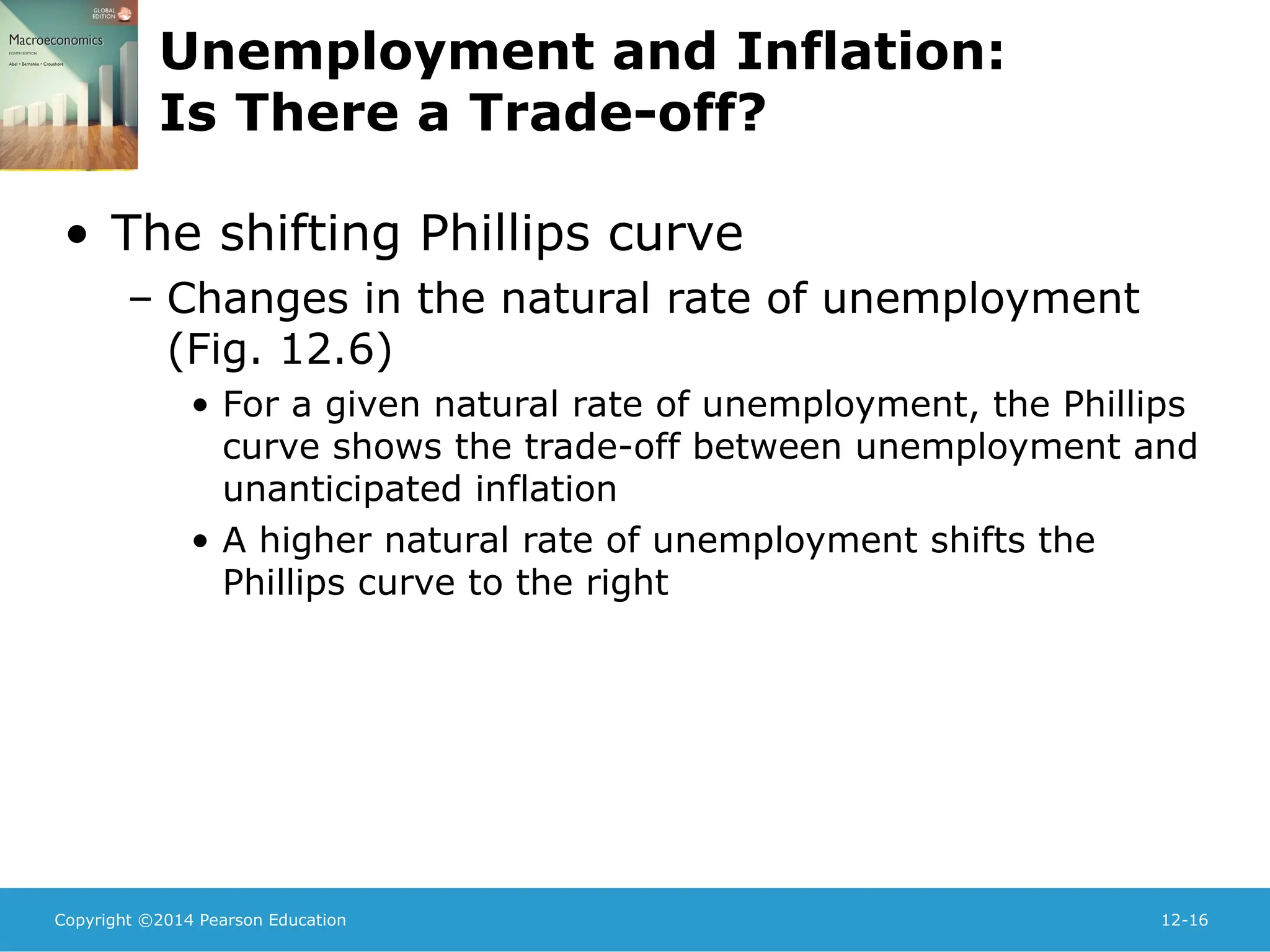 Copyright ©2014 Pearson Education 12-16
Unemployment and Inflation:
Is There a Trade-off?
• The shifting Phillips curve
– Changes in the natural rate of unemployment
(Fig. 12.6)
• For a given natural rate of unemployment, the Phillips
curve shows the trade-off between unemployment and
unanticipated inflation
• A higher natural rate of unemployment shifts the
Phillips curve to the right
 