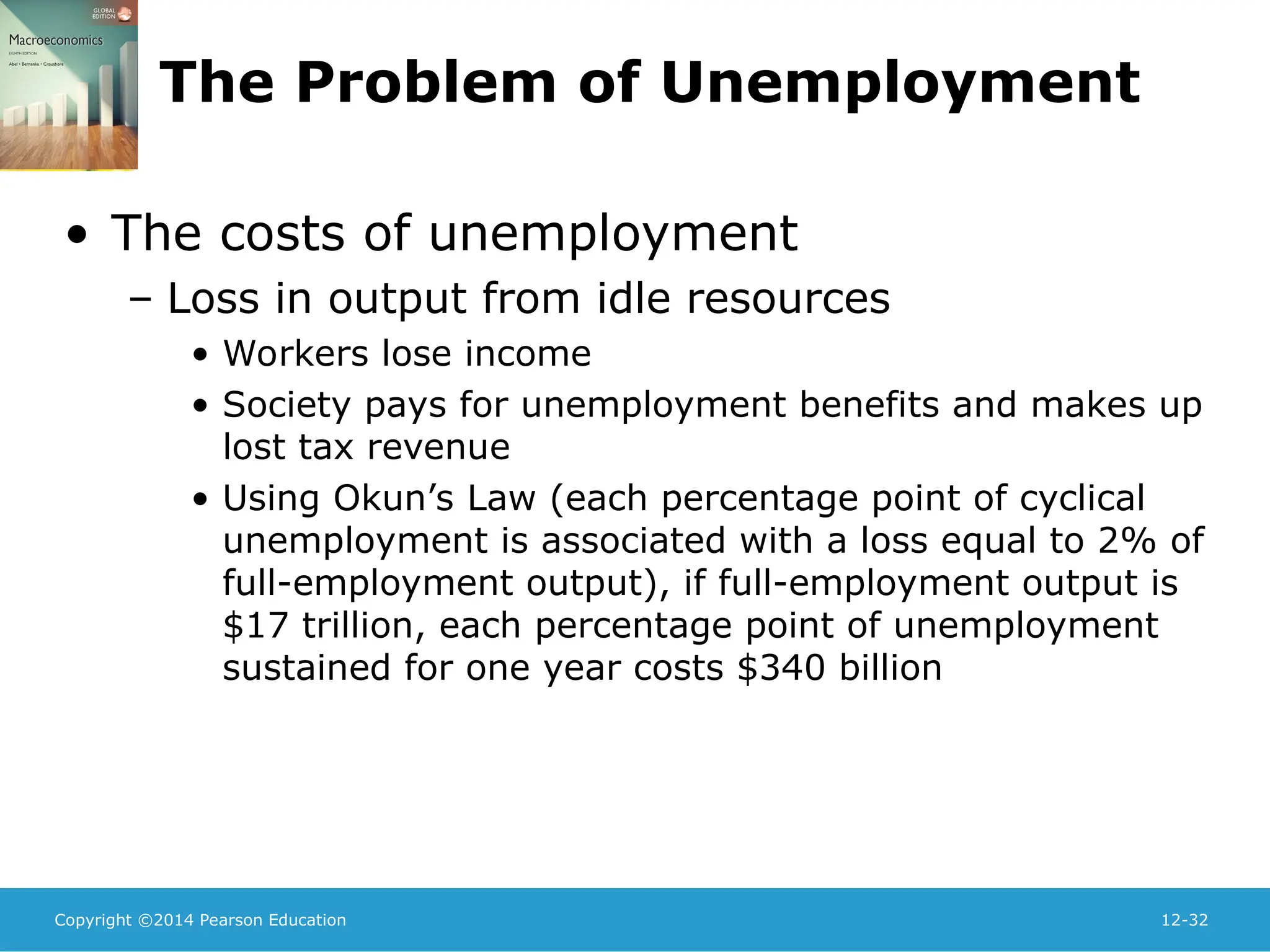 Copyright ©2014 Pearson Education 12-32
The Problem of Unemployment
• The costs of unemployment
– Loss in output from idle resources
• Workers lose income
• Society pays for unemployment benefits and makes up
lost tax revenue
• Using Okun’s Law (each percentage point of cyclical
unemployment is associated with a loss equal to 2% of
full-employment output), if full-employment output is
$17 trillion, each percentage point of unemployment
sustained for one year costs $340 billion
 