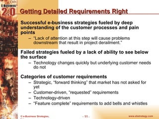 Getting Detailed Requirements Right Successful e-business strategies fueled by deep understanding of the customer processes and pain points “ Lack of attention at this step will cause problems downstream that result in project derailment.” Failed strategies fueled by a lack of ability to see below the surface Technology changes quickly but underlying customer needs do not Categories of customer requirements Strategic, “forward thinking” that market has not asked for yet Customer-driven, “requested” requirements Technology-driven “ Feature complete” requirements to add bells and whistles 