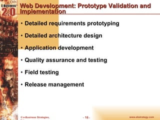 Web Development: Prototype Validation and Implementation Detailed requirements prototyping Detailed architecture design Application development Quality assurance and testing Field testing Release management 
