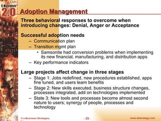 Adoption Management Three behavioral responses to overcome when introducing changes: Denial, Anger or Acceptance Successful adoption needs Communication plan Transition mgmt plan Samsonite had conversion problems when implementing its new financial, manufacturing, and distribution apps Key performance indicators Large projects affect change in three stages Stage 1: Jobs redefined, new procedures established, apps fine tuned, and users learn benefits Stage 2: New skills executed, business structure changes, processes integrated, add on technologies implemented  State 3: New tools and processes become almost second nature to users; synergy of people, processes and technology  