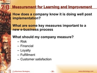 Measurement for Learning and Improvement How does a company know it is doing well post implementation? What are some key measures important to a new e-business process What should my company measure? Risk Financial Loyalty Fulfillment Customer satisfaction 