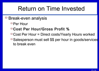 15-14
Return on Time Invested
 Break-even analysis
Per Hour
Cost Per Hour/Gross Profit %
Cost Per Hour = Direct costs/Yearly Hours worked
Salesperson must sell $$ per hour in goods/services
to break even
 
