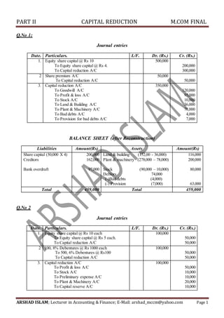 PART II CAPITAL REDUCTION M.COM FINAL
ARSHAD ISLAM; Lecturer in Accounting & Finance; E-Mail: arshad_mccm@yahoo.com Page 1
Q.No 1:
Journal entries
Date. Particulars. L/F. Dr. (Rs.) Cr. (Rs.)
1. Equity share capital @ Rs 10
To Equity share capital @ Rs 4.
To Capital reduction A/C
500,000
200,000
300,000
2 Share premium A/C
To Capital reduction A/C
50,000
50,000
3. Capital reduction A/C
To Goodwill A/C
To Profit & loss A/C
To Stock A/C
To Land & Building A/C
To Plant & Machinery A/C
To Bad debts A/C
To Provision for bad debts A/C
350,000
120,000
95,000
10,000
36,000
78,000
4,000
7,000
BALANCE SHEET (after Reconstruction)
Liabilities Amount(Rs) Assets Amount(Rs)
Share capital (50,000 X 4) 200,000 Land & building (152,00 - 36,000) 116,000
Creditors 162,000 Plant & machinery (278,000 – 78,000) 200,000
Bank overdraft 97,000 Stock (90,000 – 10,000) 80,000
Debtors 74,000
(-)Bad debts (4,000)
(-) Provision (7,000) 63,000
Total 459,000 Total 459,000
Q.No 2
Journal entries
Date. Particulars. L/F. Dr. (Rs.) Cr. (Rs.)
1. Equity share capital @ Rs 10 each
To Equity share capital @ Rs 5 each.
To Capital reduction A/C
100,000
50,000
50,000
2 100, 8% Debentures @ Rs 1000 each
To 500, 6% Debentures @ Rs100
To Capital reduction A/C
100,000
50,000
50,000
3. Capital reduction A/C
To Profit & loss A/C
To Stock A/C
To Preliminary expense A/C
To Plant & Machinery A/C
To Capital reserve A/C
100,000
50,000
10,000
10,000
20,000
10,000
 