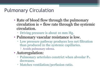 Pulmonary Circulation
• Rate of blood flow through the pulmonary
circulation is = flow rate through the systemic
circulation.
▫ Driving pressure is about 10 mm Hg.
• Pulmonary vascular resistance is low.
▫ Low pressure pathway produces less net filtration
than produced in the systemic capillaries.
 Avoids pulmonary edema.
• Autoregulation:
▫ Pulmonary arterioles constrict when alveolar P02
decreases.
▫ Matches ventilation/perfusion ratio.
 