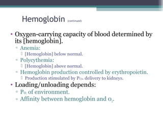 Hemoglobin (continued)
• Oxygen-carrying capacity of blood determined by
its [hemoglobin].
▫ Anemia:
 [Hemoglobin] below normal.
▫ Polycythemia:
 [Hemoglobin] above normal.
▫ Hemoglobin production controlled by erythropoietin.
 Production stimulated by PC02 delivery to kidneys.
• Loading/unloading depends:
▫ P02 of environment.
▫ Affinity between hemoglobin and 02.
 