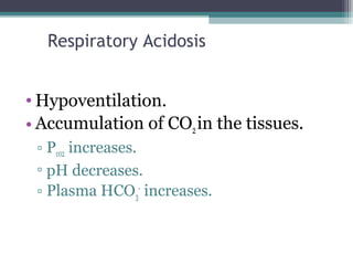 Respiratory Acidosis
• Hypoventilation.
• Accumulation of CO2in the tissues.
▫ Pc02 increases.
▫ pH decreases.
▫ Plasma HCO3
-
increases.
 