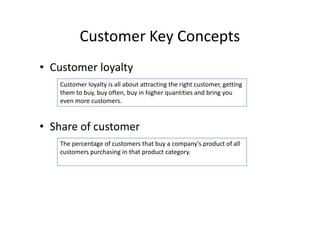 Customer Key Concepts
• Customer loyalty
   Customer loyalty is all about attracting the right customer, getting
   them to buy, buy often, buy in higher quantities and bring you
   even more customers.


• Share of customer
   The percentage of customers that buy a company's product of all
   customers purchasing in that product category.
 