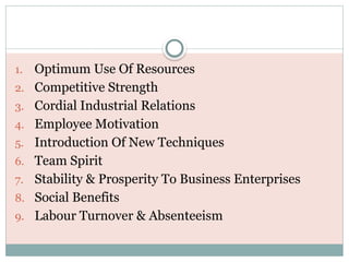 1. Optimum Use Of Resources
2. Competitive Strength
3. Cordial Industrial Relations
4. Employee Motivation
5. Introduction Of New Techniques
6. Team Spirit
7. Stability & Prosperity To Business Enterprises
8. Social Benefits
9. Labour Turnover & Absenteeism
 