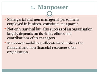 1. Manpower
 Managerial and non managerial personnel's
employed in business constitute manpower.
 Not only survival but also success of an organisation
largely depends on its skills, efforts and
contributions of its managers.
 Manpower mobilizes, allocates and utilizes the
financial and non financial resources of an
organisation.
 