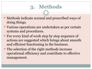 3. Methods
 Methods indicate normal and prescribed ways of
doing things.
 Various operations are undertaken as per certain
systems and procedures.
 For every kind of work step by step sequence of
actions are suggested which brings about smooth
and efficient functioning in the business.
 The selection of the right methods increase
operational efficiency and contribute to effective
management.
 
