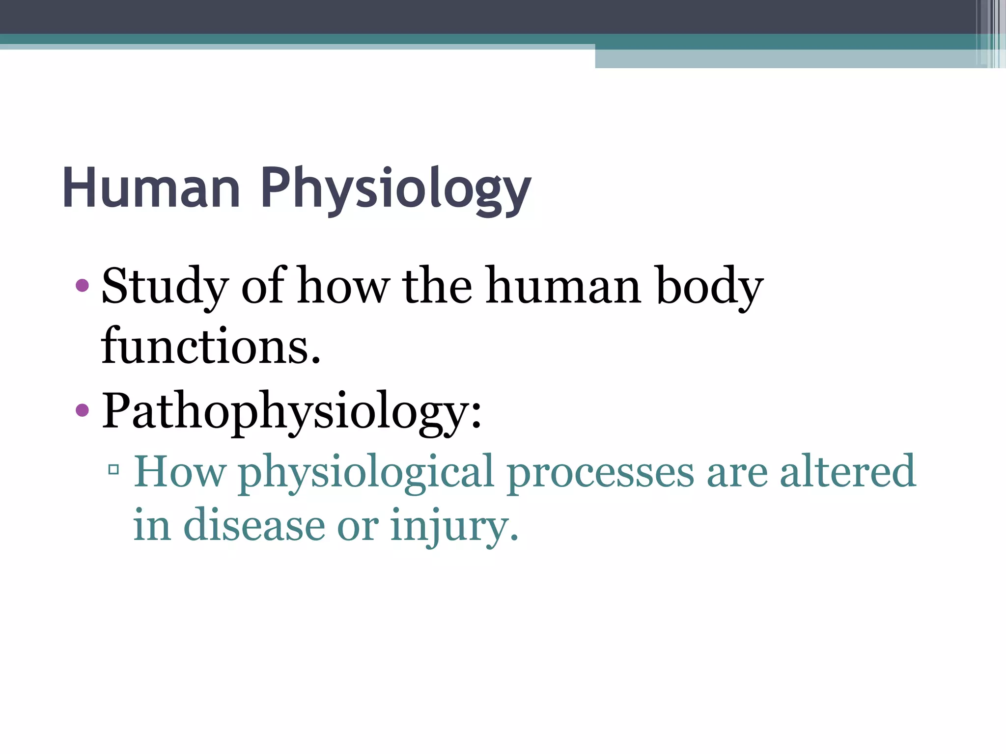 Human Physiology
• Study of how the human body
functions.
• Pathophysiology:
▫ How physiological processes are altered
in disease or injury.
 