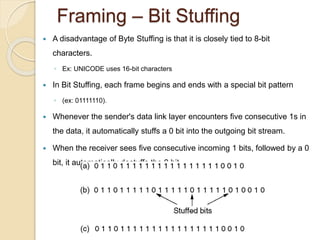 Framing – Bit Stuffing
 A disadvantage of Byte Stuffing is that it is closely tied to 8-bit
characters.
◦ Ex: UNICODE uses 16-bit characters
 In Bit Stuffing, each frame begins and ends with a special bit pattern
◦ (ex: 01111110).
 Whenever the sender's data link layer encounters five consecutive 1s in
the data, it automatically stuffs a 0 bit into the outgoing bit stream.
 When the receiver sees five consecutive incoming 1 bits, followed by a 0
bit, it automatically destuffs the 0 bit.
 