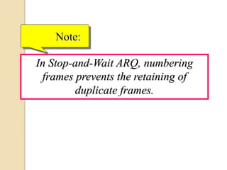 In Stop-and-Wait ARQ, numbering
frames prevents the retaining of
duplicate frames.
Note:
 