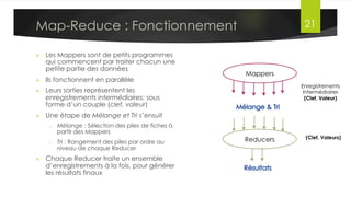 Map-Reduce
•  Si on utilise les hashtables sur 1To,
Problèmes ?
q  Ça ne marchera pas ?
q  Problème de mémoire ?
q  Temps de traitement long ?
q  Réponses erronées ?
•  Le traitement séquentiel de toutes les
données peut s’avérer très long
•  Plus on a de magasins, plus l’ajout des
valeurs à la table est long
•  Il est possible de tomber à court de
mémoire pour enregistrer cette table
•  Mais cela peut marcher, et le résultat
sera correct
Dr. Lilia SFAXI www.liliasfaxi.wix.com/liliasfaxi 21
Exemple
✓
✓
London 	
  	
  	
  25.99	
  
Miami 	
  	
   	
  	
  	
  62.15	
  
NYC 	
  	
   	
  	
  	
  3.10	
  
Clef 	
   	
  	
  Valeur	
  
2012-­‐01-­‐01 	
  London 	
  Clothes 	
  25.99	
  
2012-­‐01-­‐01 	
  Miami 	
  	
   	
  Music 	
  	
  	
  	
   	
  12.15	
  
2012-­‐01-­‐02 	
  NYC 	
  	
   	
  	
  Toys	
  	
   	
  	
  	
  	
   	
  3.10	
  
2012-­‐01-­‐02 	
  Miami 	
  	
   	
  Clothes 	
  50.00	
  
Grand Livre
des Ventes
 