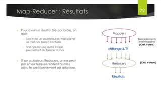 Map-Reduce
•  Map-Reduce : Moyen plus efficace
et rapide de traiter ces données
•  Au lieu d’avoir une seule personne
qui parcourt le livre, si on en
recrutait plusieurs?
•  Appeler un premier groupe les
Mappers et un autre les Reducers
•  Diviser le livre en plusieurs
parties, et en donner une à
chaque Mapper
§  Les Mappers peuvent travailler en
même temps, chacun sur une
partie des données
Dr. Lilia SFAXI www.liliasfaxi.wix.com/liliasfaxi 22
Exemple
Mappers
Reducers
 