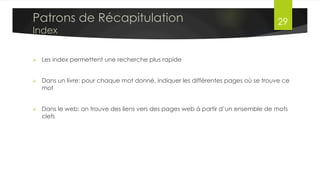 MapReduce V1 (MRv1)
•  Un job Map-Reduce (ou une Application Map-Reduce) est divisé sur
plusieurs tâches appelées mappers et reducers
•  Chaque tâche est exécutée sur un nœud du cluster
•  Chaque nœud a un certain nombre de slots prédéfinis:
§  Map Slots
§  Reduce Slots
•  Un slot est une unité d’exécution qui représente la capacité du task
tracker à exécuter une tâche (map ou reduce) individuellement, à un
moment donné
•  Le Job Tracker se charge à la fois:
§  D’allouer les ressources (mémoire, CPU…) aux différentes tâches
§  De coordonner l’exécution des jobs Map-Reduce
§  De réserver et ordonnancer les slots, et de gérer les fautes en réallouant
les slots au besoin
Dr. Lilia SFAXI www.liliasfaxi.wix.com/liliasfaxi 29
Fonctionnement
 