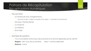 MapReduce V2 (MRv2)
•  Resource Manager (RM)
§  Tourne sur le nœud master
§  Ordonnanceur de ressources global
§  Permet l’arbitrage des ressources entre plusieurs applications
•  Node Manager (NM)
§  S’exécute sur les nœuds esclaves
§  Communique avec RM
•  Containers
§  Créés par RM à la demande
§  Se voit allouer des ressources sur le nœud esclave
•  Application Master (AM)
§  Un seul par application
§  S’exécute sur un container
§  Demande plusieurs containers pour exécuter les tâches de l’application
Dr. Lilia SFAXI www.liliasfaxi.wix.com/liliasfaxi 32
Démons
Resource
Manager
Node Manager
Application
Master
1 GB
1 core
3 GB
1 core
 