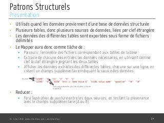 Patrons Structurels
•  Utilisés quand les données proviennent d’une base de données structurée
•  Plusieurs tables, donc plusieurs sources de données, liées par clef étrangère
•  Les données des différentes tables sont exportées sous forme de fichiers
délimités
•  Le Mapper aura donc comme tâche de :
§  Parcourir l’ensemble des fichiers correspondant aux tables de la base
§  Extraire de chacune des entrées les données nécessaires, en utilisant comme
clef la clef étrangère joignant les deux tables
§  Afficher les données extraites des différentes tables, chacune sur une ligne, en
créant un champs supplémentaire indiquant la source des données.
•  Reducer :
§  Fera l’opération de jointure entre les deux sources, en testant la provenance
avec le champs supplémentaire (A ou B)
Dr. Lilia SFAXI www.liliasfaxi.wix.com/liliasfaxi 54
Présentation
Id_user	
  
Source	
  des	
  données	
  (A	
  si	
  de	
  la	
  table	
  1,	
  B	
  si	
  de	
  
la	
  table	
  2)	
  
 