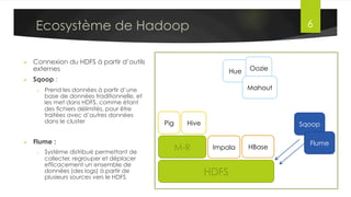 Ecosystème de Hadoop
Dr. Lilia SFAXI www.liliasfaxi.wix.com/liliasfaxi 6
Présentation du Framework
Parmi ces outils, certains se trouvent
au dessus de la couche Yarn/MR, tel
que:
§  Pig: Langage de script
§  Hive: Langage proche de SQL
(Hive QL)
§  R Connectors: permet l’accès à
HDFS et l’exécution de
requêtes Map/Reduce à partir
du langage R
§  Mahout: bibliothèque de
machine learning et
mathématiques
§  Oozie: permet d’ordonnancer
les jobs Map Reduce, en
définissant des workflows
 