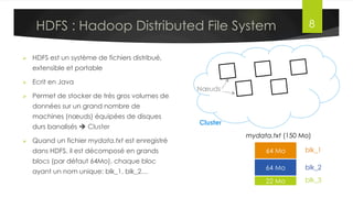 Ecosystème de Hadoop
Dr. Lilia SFAXI www.liliasfaxi.wix.com/liliasfaxi 8
Présentation du Framework
Certains outils permettent de
connecter HDFS aux sources
externes, tel que:
§  Sqoop: Lecture et écriture des
données à partir de bases de
données externes
§  Flume: Collecte de logs et
stockage dans HDFS
 