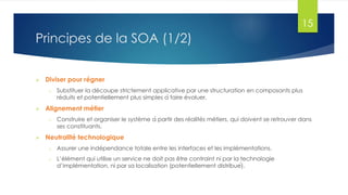 15

Principes de la SOA (1/2)


Diviser pour régner
o



Alignement métier
o



Substituer la découpe strictement applicative par une structuration en composants plus
réduits et potentiellement plus simples à faire évoluer.

Construire et organiser le système à partir des réalités métiers, qui doivent se retrouver dans
ses constituants.

Neutralité technologique
o

Assurer une indépendance totale entre les interfaces et les implémentations.

o

L’élément qui utilise un service ne doit pas être contraint ni par la technologie
d’implémentation, ni par sa localisation (potentiellement distribué).

 