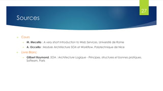 27

Sources


Cours





M. Mecella : A very short Introduction to Web Services, Université de Rome
A. Occello : Module Architecture SOA et Workflow, Polytechnique de Nice

Livre Blanc


Gilbert Raymond, SOA : Architecture Logique - Principes, structures et bonnes pratiques,
Softeam, Paris

 