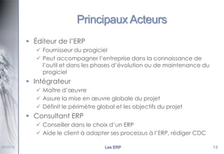 Principaux Acteurs
 Éditeur de l’ERP
 Fournisseur du progiciel
 Peut accompagner l’entreprise dans la connaissance de
l’outil et dans les phases d’évolution ou de maintenance du
progiciel

 Intégrateur
 Maître d’œuvre
 Assure la mise en œuvre globale du projet
 Définit le périmètre global et les objectifs du projet

 Consultant ERP
 Conseiller dans le choix d’un ERP
 Aide le client à adapter ses processus à l’ERP, rédiger CDC
22/10/12

Les ERP

14

 