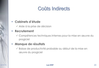 Coûts Indirects
 Cabinets d’étude
 Aide à la prise de décision

 Recrutement
 Compétences techniques internes pour la mise en œuvre du
progiciel

 Manque de résultats
 Baisse de productivité probable au début de la mise en
œuvre du progiciel

22/10/12

Les ERP

20

 