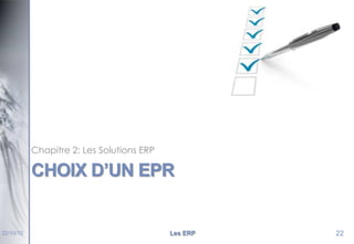 Chapitre 2: Les Solutions ERP

CHOIX D’UN EPR

22/10/12

Les ERP

22

 