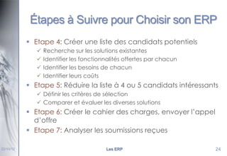 Étapes à Suivre pour Choisir son ERP
 Etape 4: Créer une liste des candidats potentiels





Recherche sur les solutions existantes
Identifier les fonctionnalités offertes par chacun
Identifier les besoins de chacun
Identifier leurs coûts

 Etape 5: Réduire la liste à 4 ou 5 candidats intéressants
 Définir les critères de sélection
 Comparer et évaluer les diverses solutions

 Etape 6: Créer le cahier des charges, envoyer l’appel
d’offre
 Etape 7: Analyser les soumissions reçues
22/10/12

Les ERP

24

 