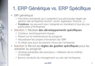 1. ERP Générique vs. ERP Spécifique
 ERP générique
 Fonctions standards qui s’adaptent aux principales règles de
gestion des entreprises (achat, vente, logistique, finance…)
 Problème: ne peuvent pas s’adapter en standard à tous les cas
particuliers d’entreprises

 Solution 1: Réaliser des développements spécifiques





Coûteux, techniquement risqués
Pèsent sur la maintenance du progiciel
Alourdissent les projets d’évolution de l’ERP
N’utiliser que pour les besoins vitaux de l’entreprise

 Solution 2: Revoir les règles de gestion spécifiques pour les
adapter au progiciel
 Analyse préalable des processus + réflexion de la maîtrise
d’ouvrage
 Bonne conduite du changement au sein de l’entreprise
22/10/12

Les ERP

4

 