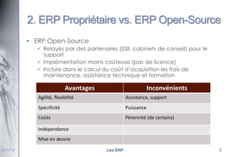 2. ERP Propriétaire vs. ERP Open-Source
 ERP Open-Source
 Relayés par des partenaires (SSII, cabinets de conseil) pour le
support
 Implémentation moins coûteuse (pas de licence)
 Inclure dans le calcul du coût d’acquisition les frais de
maintenance, assistance technique et formation

Avantages

Inconvénients

Agilité, flexibilité

Assistance, support

Spécificité

Puissance

Coûts

Pérennité (de certains)

Indépendance
Mise en œuvre
22/10/12

Les ERP

8

 