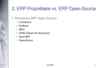 2. ERP Propriétaire vs. ERP Open-Source
 Principaux ERP Open Source







22/10/12

Compiere
Dolibarr
ERP5
OFBiz (Open for Business)
OpenERP
OpenBravo

Les ERP

9

 