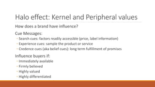 Halo effect: Kernel and Peripheral values
How does a brand have influence?
Cue Messages:
◦ Search cues: factors readily accessible (price, label information)
◦ Experience cues: sample the product or service
◦ Credence cues (aka belief cues): long term fulfillment of promises
Influence buyers if:
◦ Immediately available
◦ Firmly believed
◦ Highly valued
◦ Highly differentiated
 