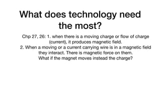 What does technology need
the most?
Chp 27, 26: 1. when there is a moving charge or flow of charge
(current), it produces magnetic field.
2. When a moving or a current carrying wire is in a magnetic field
they interact. There is magnetic force on them.
What if the magnet moves instead the charge?
 