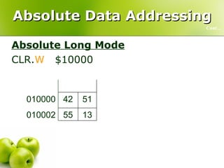 Absolute Data Addressing Absolute Long Mode CLR. W   $10000  Cont… 13 55 010002 13 55 010002 00 00 010000  51 42 010000 